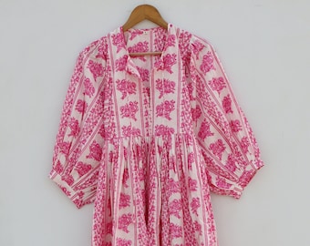 Vestido rosa de algodón con estampado de bloques, vestido midi floral, vestido estilo boho campestre, vestido indio estampado a mano, vestido de verano holgado, vestido femenino