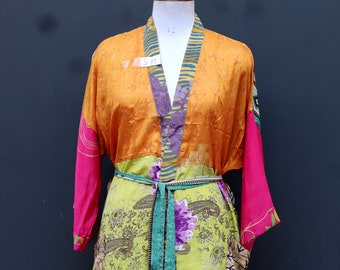 Recycled Silk Sari Kimono, Vintage Sari Long Robe, One Size Fits All