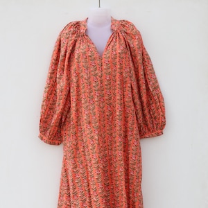 Floral Long Maxi dress  Block Print Dress, Deep Neck with string closer