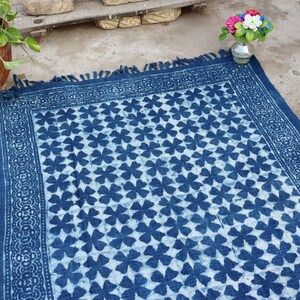 Wood Hand Block Printed Khadi Cotton Blanket Dhurrie Rug Handmade Boho Picnic Rug Hand Woven Beach Throw With Fringes