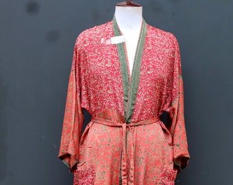 Recycled Silk Sari Kimono, Vintage Sari Long Robe, One Size Fits All