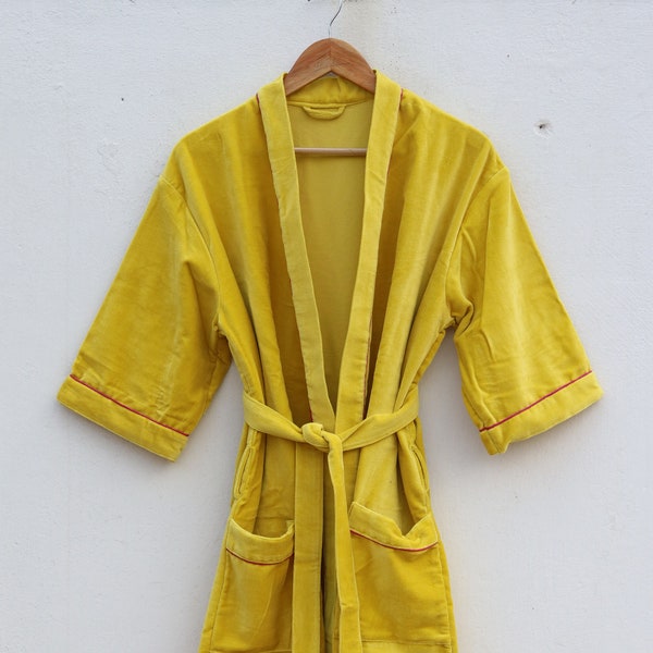 Yellow Velvet Boho Jacket Japanese kimono style ethic winter robe winter jacket multi colored tie belt coat