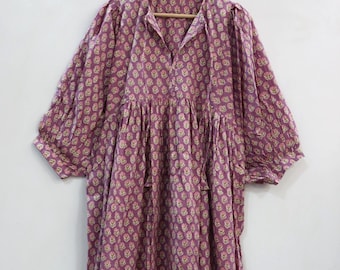 Floral Striped Cotton Midi Dress | Hand Block Print Bohemian Dress