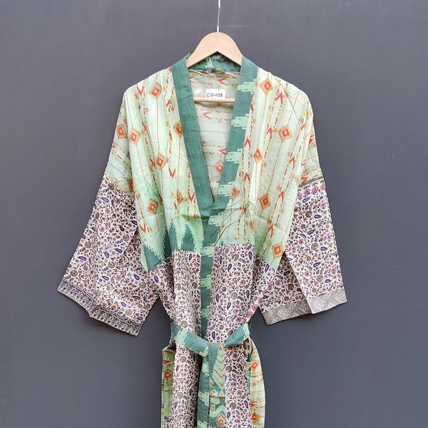 Recycled Silk Sari Kimono, Vintage Sari Long Robe, One Size Fits All
