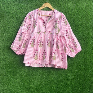 Túnica floral a rayas rosas, blusa campesina con estampado de bloques de algodón y lazo con borlas