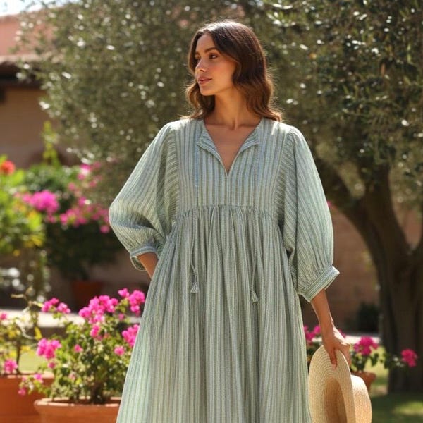 Stripe Block Print Cotton Midi Dress, Kyra Summer Dress, Women's String Closer