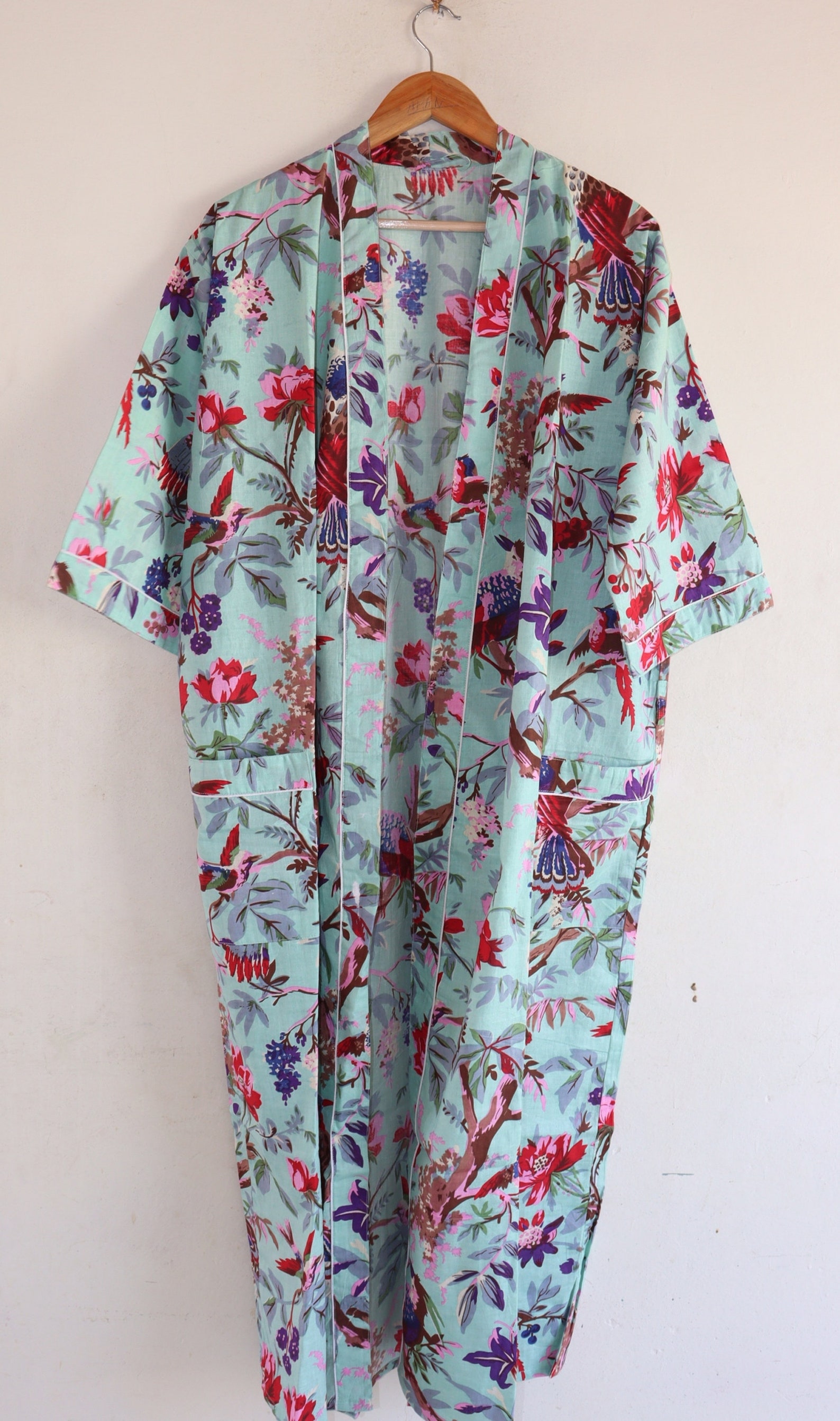 Bird Print Long Cotton Kimono Boho Design Bohemian Sleepwear - Etsy