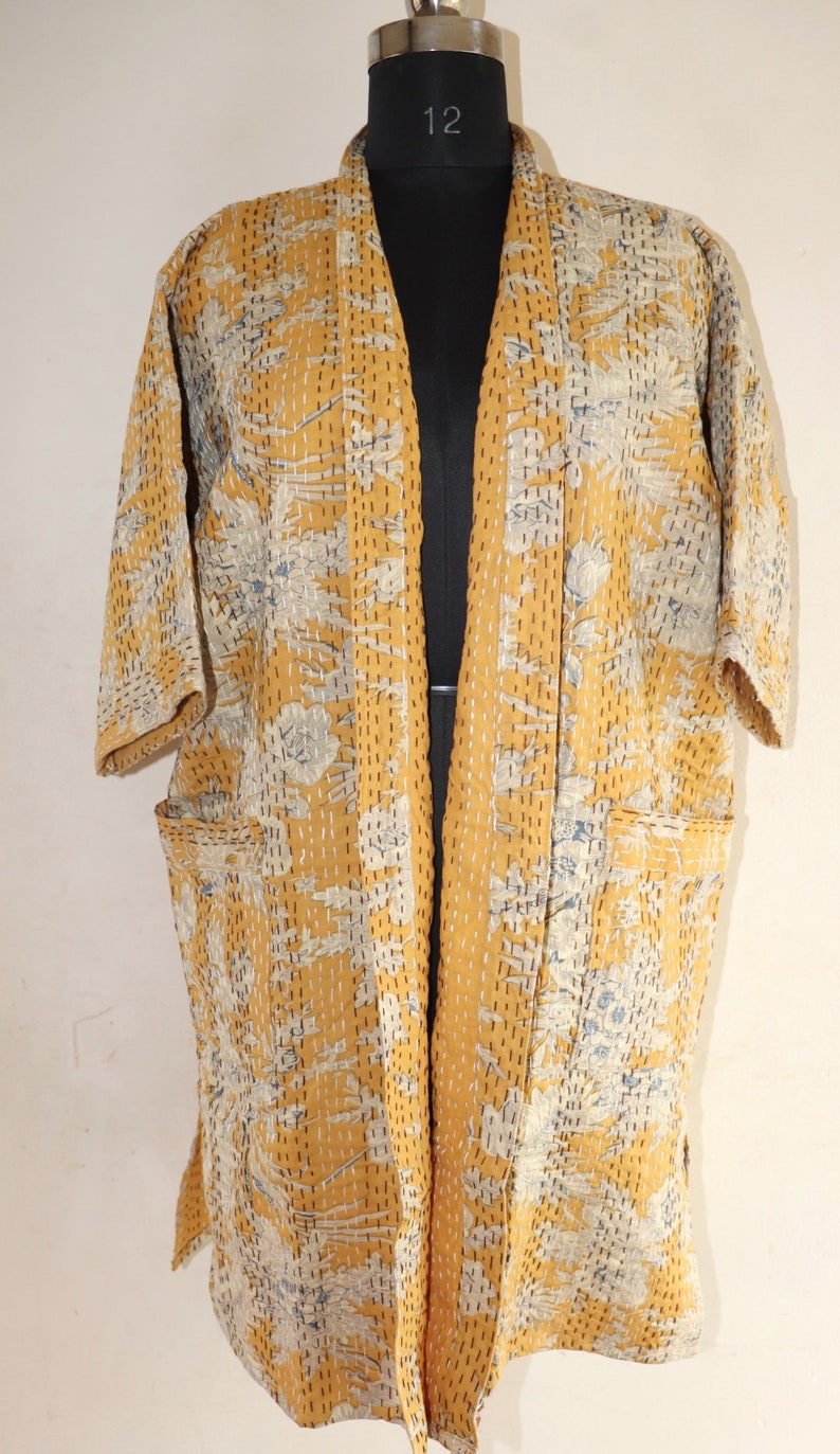 Floral handmade kantha jacket Japanese kimono style Floral kantha robe winter jacket multi colored tie belt coat Mustard