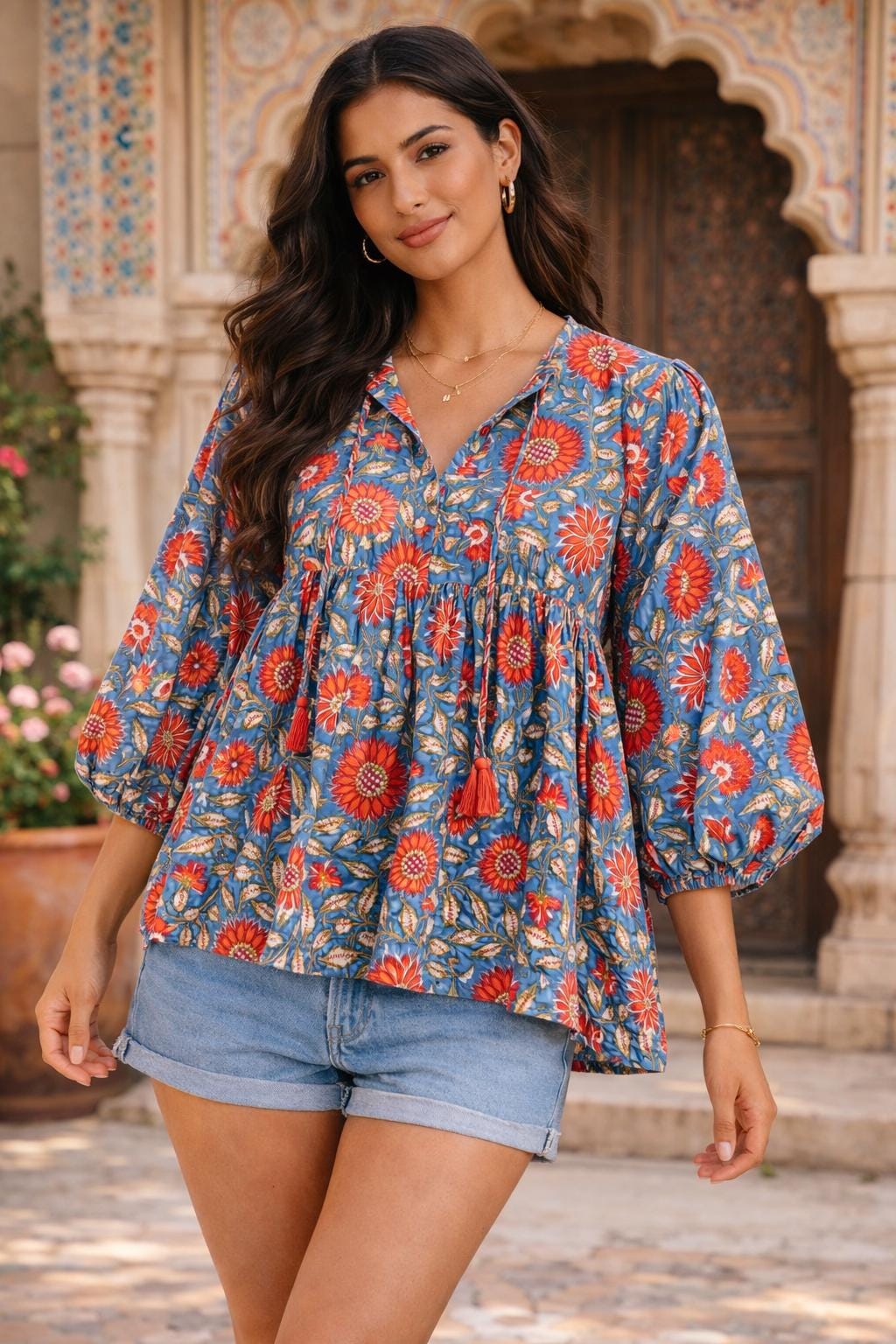 Blue Floral Block Print Cotton Peplum Top, Boho Puff Sleeve Tunic
