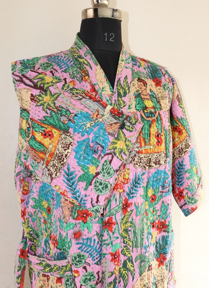 Frida kahlo kantha jacket Indian handmade Japanese kimono style kantha robe winter jacket Pink colored tie belt coat