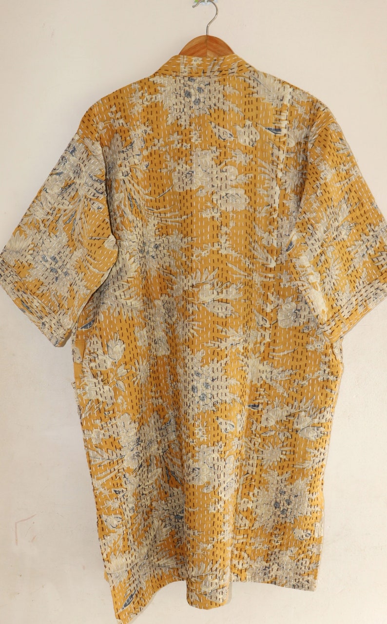 Floral handmade kantha jacket Japanese kimono style Floral kantha robe winter jacket multi colored tie belt coat Mustard