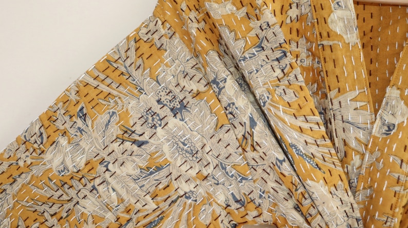 Floral handmade kantha jacket Japanese kimono style Floral kantha robe winter jacket multi colored tie belt coat Mustard
