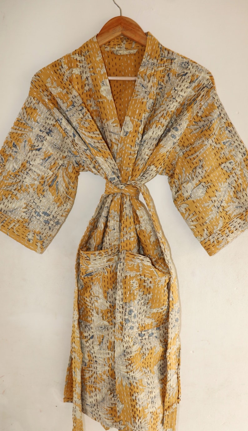 Floral handmade kantha jacket Japanese kimono style Floral kantha robe winter jacket multi colored tie belt coat Mustard