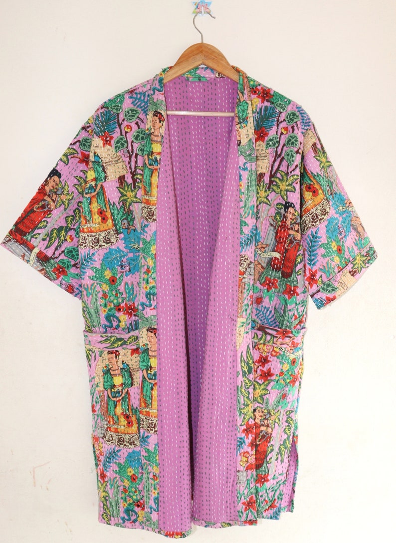 Frida kahlo kantha jacket Indian handmade Japanese kimono style kantha robe winter jacket Pink colored tie belt coat