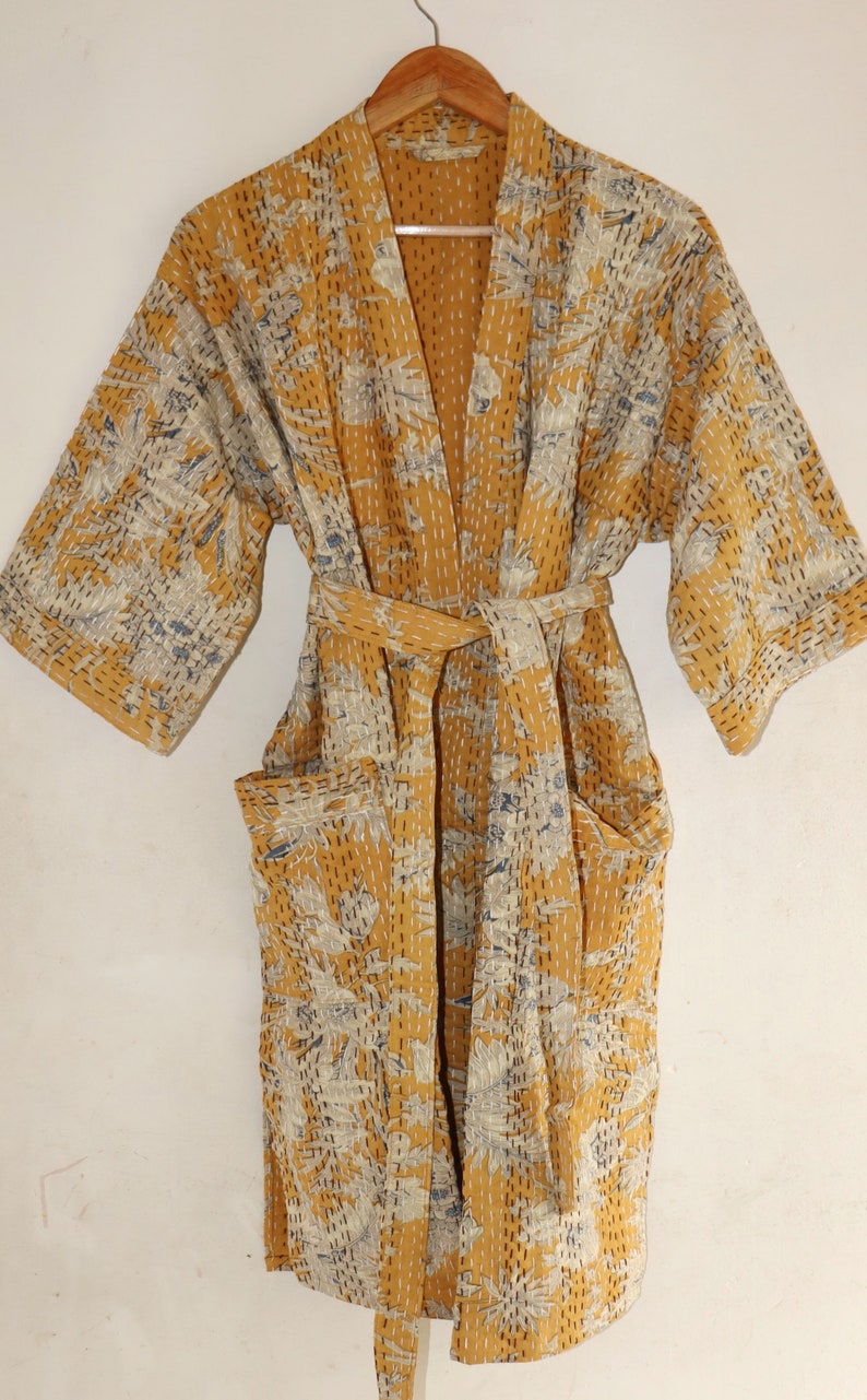 Floral handmade kantha jacket Japanese kimono style Floral kantha robe winter jacket multi colored tie belt coat Mustard