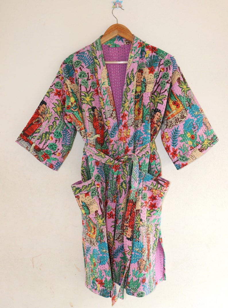 Frida kahlo kantha jacket Indian handmade Japanese kimono style kantha robe winter jacket Pink colored tie belt coat