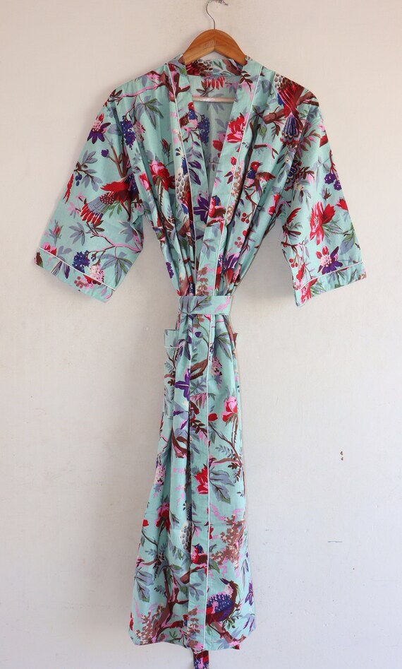 Bird Print Long Cotton Kimono Boho Design Bohemian Sleepwear | Etsy