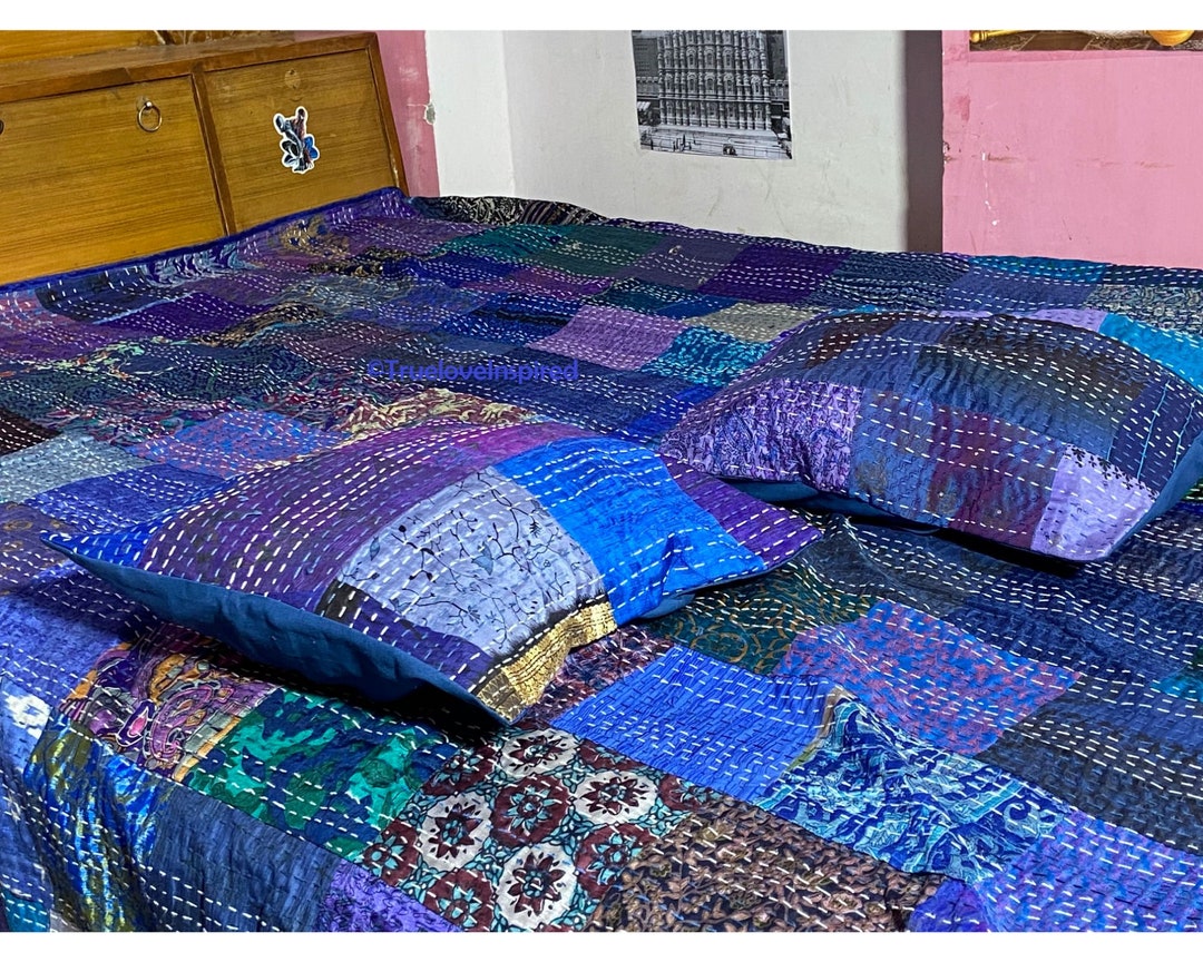 California King Size Silk Patchwork Kantha Quilt Vintage Etsy