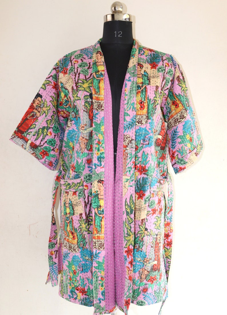 Frida kahlo kantha jacket Indian handmade Japanese kimono style kantha robe winter jacket Pink colored tie belt coat
