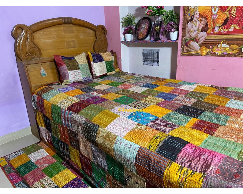 California King Size Silk Patchwork Kantha Quilt Vintage Etsy