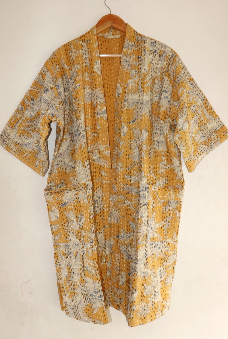 Floral handmade kantha jacket Japanese kimono style Floral kantha robe winter jacket multi colored tie belt coat Mustard