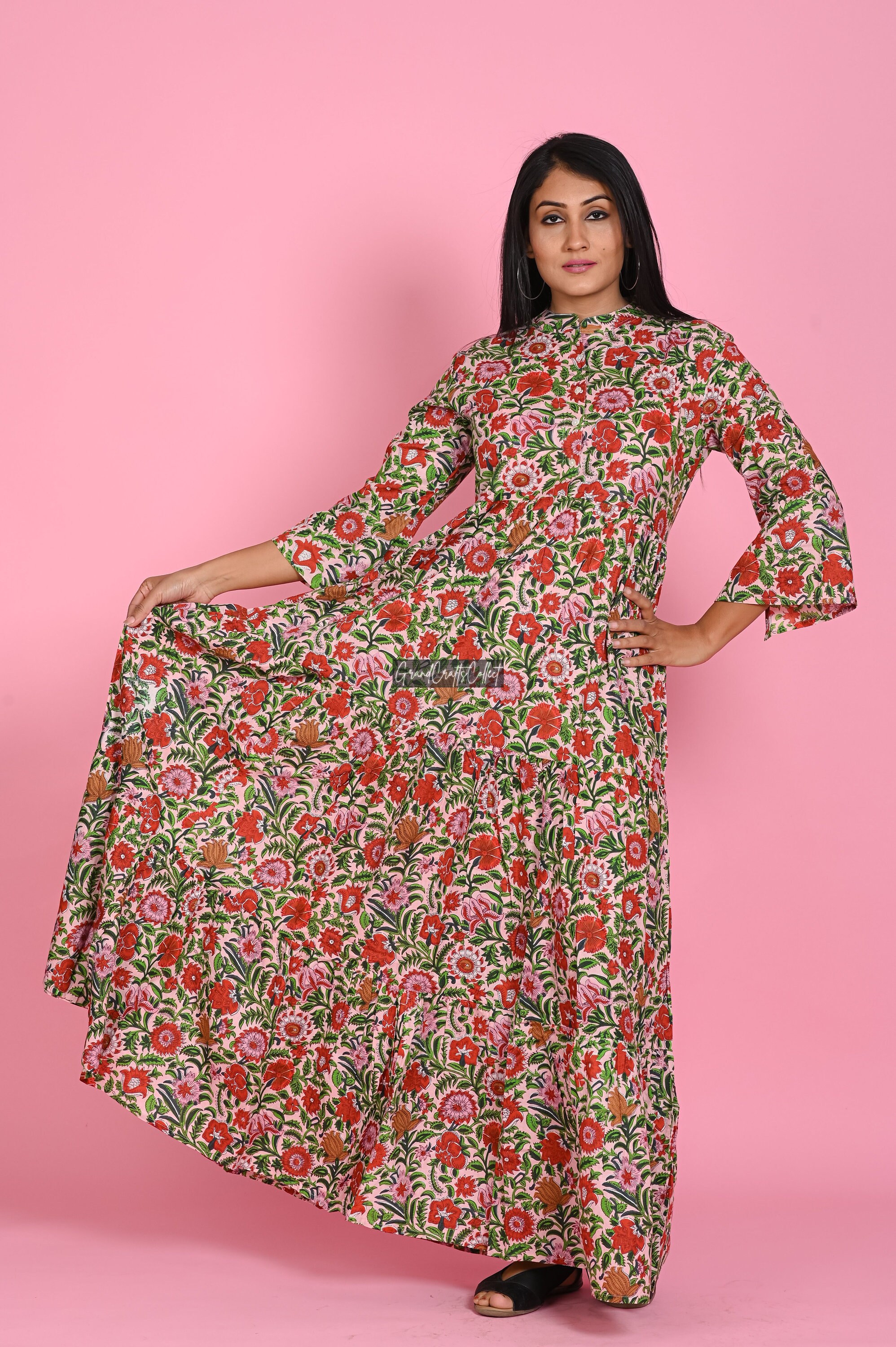 Printed Cotton Dress Long Women Dress Cotton Maxi Dress Flower