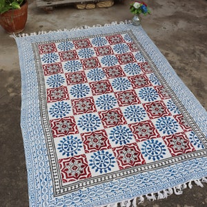 Wood Hand Block Printed Khadi Cotton Blanket Dhurrie Rug Handmade Boho Picnic Rug Hand Woven Beach Throw With Fringes