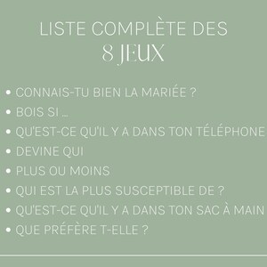 Puede incluir: Una lista de 8 juegos en franc&eacute;s, incluyendo "Connais-tu bien la mari&eacute;e?" y "Que pr&eacute;f&egrave;re t-elle?"