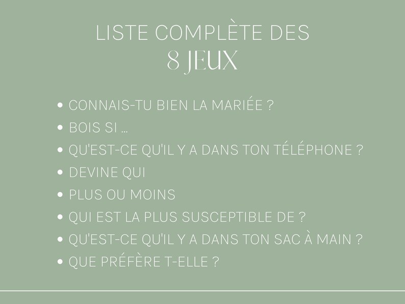 Puede incluir: Una lista de 8 juegos en franc&eacute;s, incluyendo "Connais-tu bien la mari&eacute;e?" y "Que pr&eacute;f&egrave;re t-elle?"