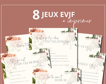 8 jeux EVJF à imprimer et à télécharger - Thème florale - Jeux enterrement vie de jeune fille, bachelorette en français, activité EVJF