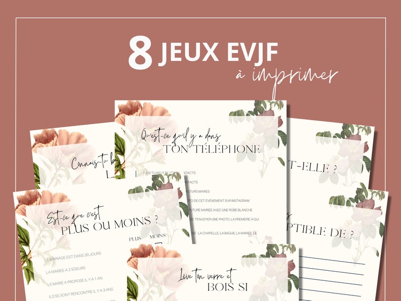 8 jeux EVJF à imprimer et à télécharger Thème florale Jeux enterrement vie de jeune fille, bachelorette en français, activité EVJF Bild 1