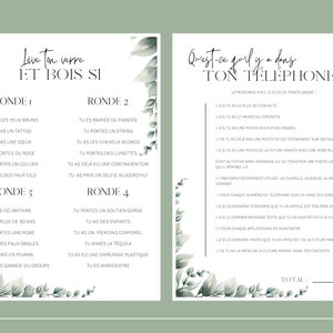 May include: A printable game card with a green floral border and the text "L&egrave;ve ton verre ET BOIS SI" in black. The card features a list of prompts for a drinking game, such as "Tu as les yeux bruns" and "Tu es mari&eacute;e ou fianc&eacute;e".