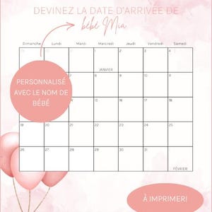 Calendrier rose personnalisé shower de bébé, devinez date d'arrivée de bébé, activité baby shower fille personnalisé, jeux fête prénatale