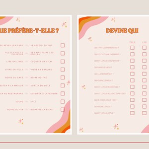 May include: A pink and orange printable game with the text "Que pr&eacute;f&egrave;re-t-elle?" and "Devine Qui" in French. The game includes a series of questions with checkboxes for "Elle" and "Lui".
