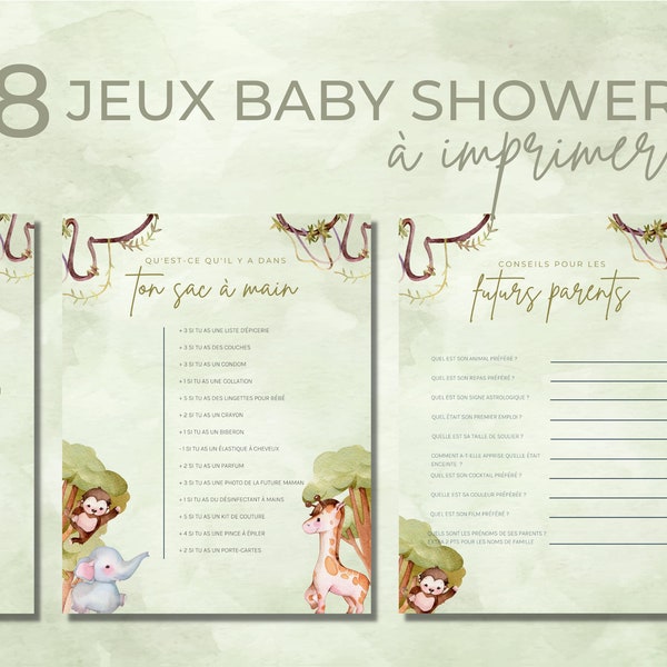 8 jeux pour baby shower jungle en français à imprimer, jeux fête prénatale, annonce grossesse, carte prédiction bébé, pronostic