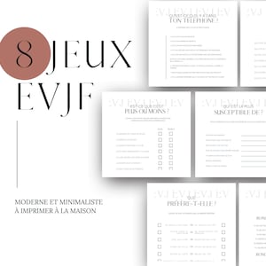 8 jeux EVJF, enterrement de vie de jeune fille, à télécharger, en français moderne et minimaliste à imprimer - Jeux pour bachelorette