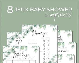 8 jeux pour baby shower eucalyptus en français à imprimer, jeux fête prénatale, annonce grossesse, carte prédiction bébé, pronostic