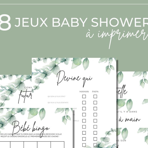 8 jeux pour baby shower eucalyptus en français à imprimer, jeux fête prénatale, annonce grossesse, carte prédiction bébé, pronostic