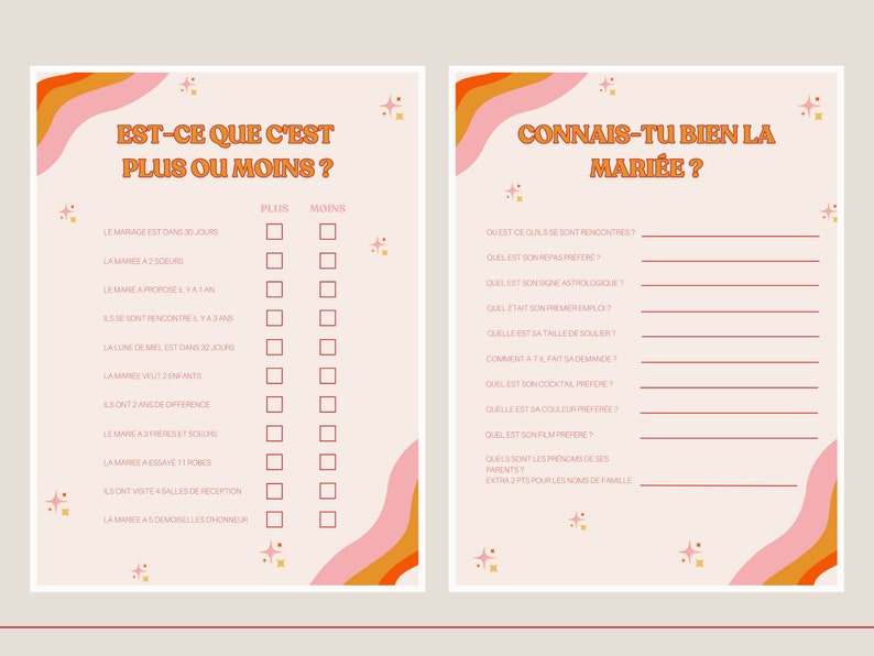 May include: A printable bridal shower game with two sections. The first section is a "This or That" game with questions about the bride. The second section is a "Get to Know the Bride" game with questions about the bride's life and preferences.