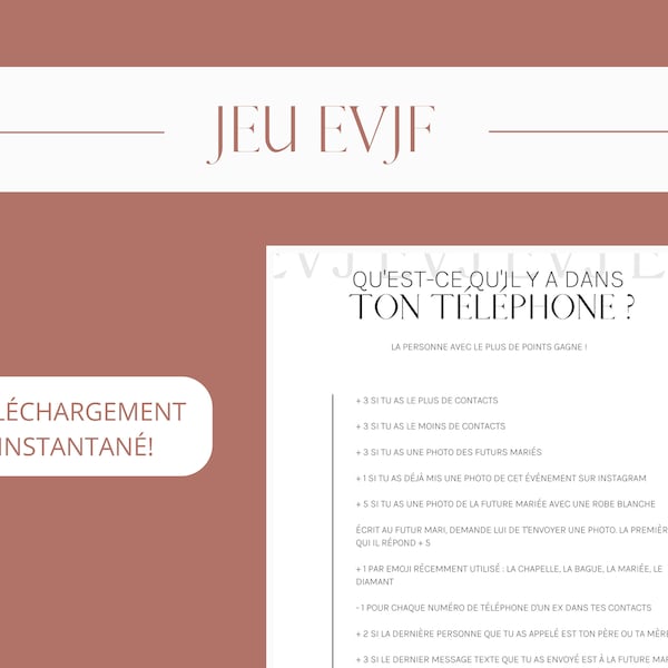 Jeu EVJF Qu'est-ce qu'il y a dans ton téléphone, Jeu enterrement vie de jeune fille, activité EVJF, jeu EVJF en français, jeu imprimable