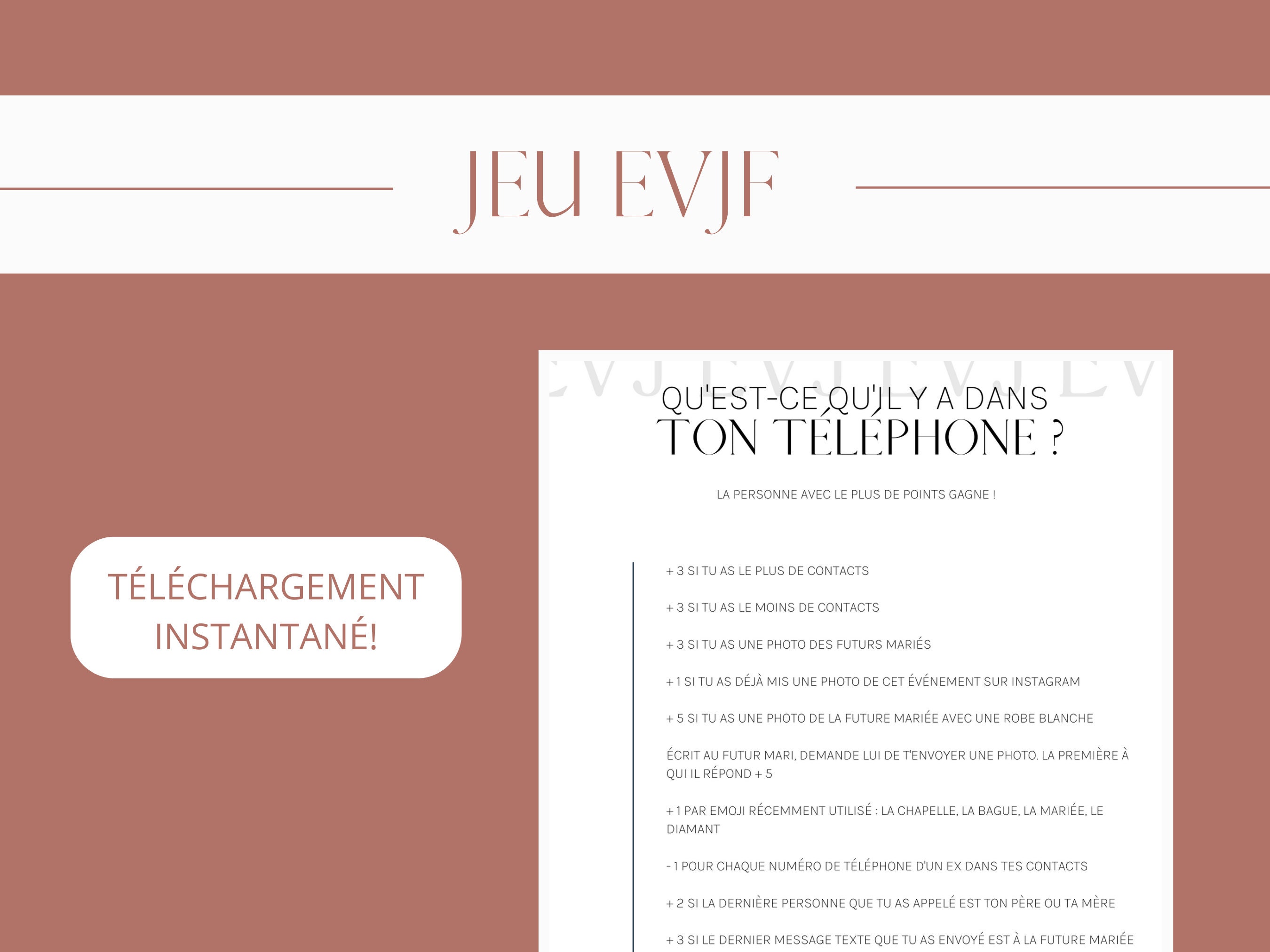 Jeu EVJF Qu'est-ce qu'il y a dans ton téléphone, Jeu enterrement vie de jeune fille, activité EVJF, jeu EVJF en français, jeu imprimable