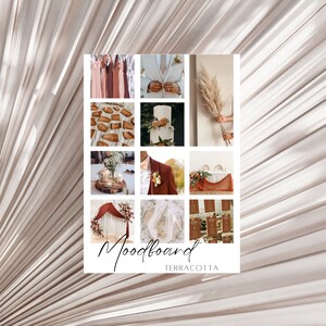 May include: A mood board for a terracotta themed wedding. The board includes images of bridesmaids in terracotta dresses, a white wedding cake, a terracotta table runner, and a terracotta archway.