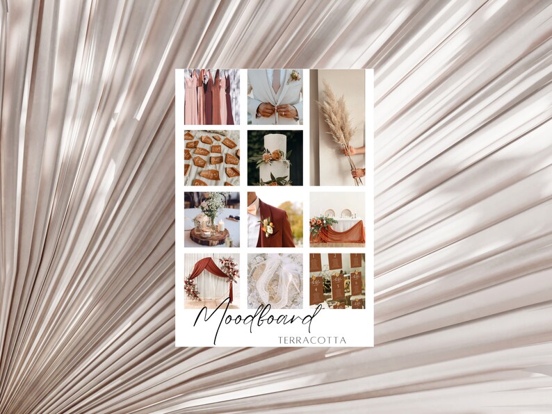 May include: A mood board for a terracotta themed wedding. The board includes images of bridesmaids in terracotta dresses, a white wedding cake, a terracotta table runner, and a terracotta archway.