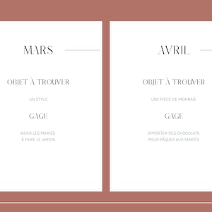 May include: A white card with the words "MARS" and "AVRIL" at the top. The card is divided into two sections, each with the text "OBJET &Agrave; TROUVER" and a description of a task. The left side says "UN STYLO" and "AIDER LES MARI&Eacute;S &Agrave; FAIRE LE JARDIN". The right side says "UNE PI&Egrave;CE DE MONNAIE" and "APPORTER DES CHOCOLATS POUR PAQUES AUX MARI&Eacute;S".