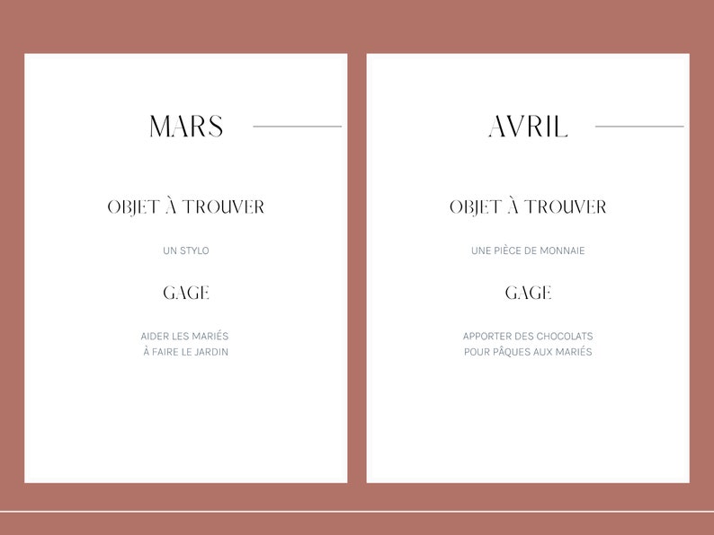 May include: A white card with the words "MARS" and "AVRIL" at the top. The card is divided into two sections, each with the text "OBJET &Agrave; TROUVER" and a description of a task. The left side says "UN STYLO" and "AIDER LES MARI&Eacute;S &Agrave; FAIRE LE JARDIN". The right side says "UNE PI&Egrave;CE DE MONNAIE" and "APPORTER DES CHOCOLATS POUR PAQUES AUX MARI&Eacute;S".