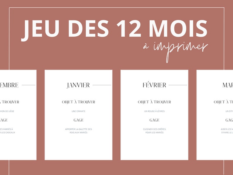 Le Jeu des 12 mois - Mariage - à imprimer et à télécharger - Jeu mariage - activité mariage en français, animation mariage