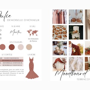 May include: A terracotta wedding mood board with images of a wedding dress, flowers, cake, and other details. The text "Moodboard Terracotta" is at the bottom of the board.
