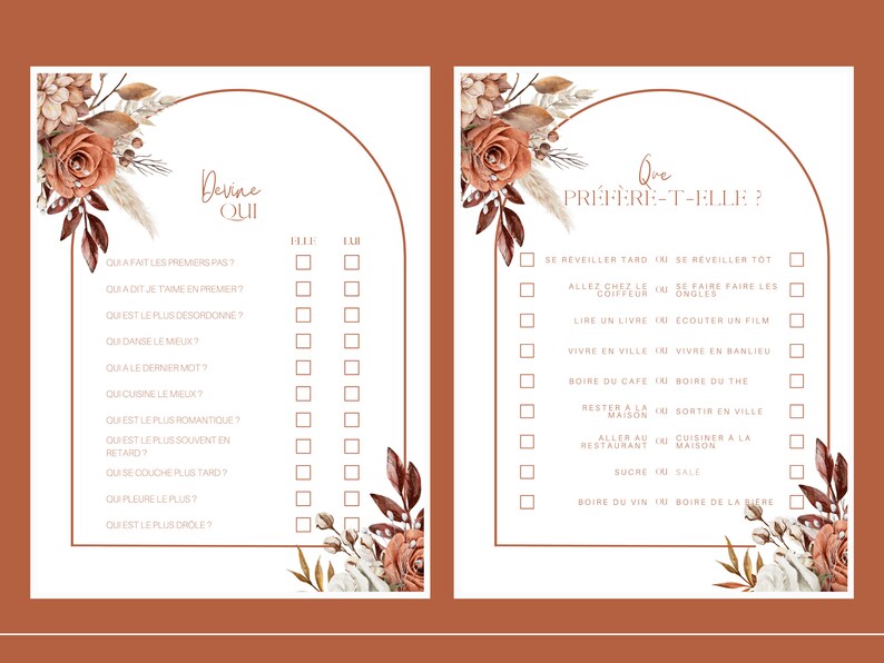 Op de afbeelding: Een printbaar spel met een bloemenontwerp in bruine, oranje en witte tinten. Het spel is getiteld "Devine Qui" en "Que Pr&eacute;f&egrave;re-t-elle?" en bevat een reeks vragen om te beantwoorden over twee mensen.