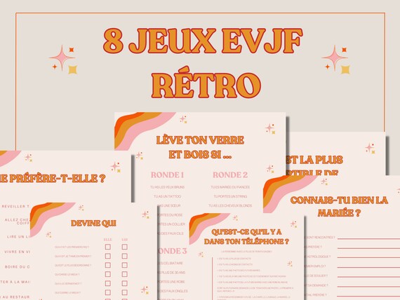 EVJF Jeux à imprimer – 8 activités thème rétro | Enterrement vie de jeune fille (PDF)