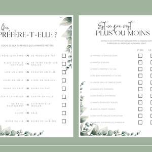 May include: A printable bridal shower game with two sections. The first section asks guests to guess the bride's preferences. The second section asks guests to guess if the bride's answers to various questions are more or less than a certain number.